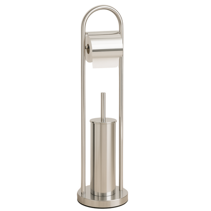 Cheqo® Vrijstaande Toiletbutler - Vrijstaand Toilet Butler - Zilver RVS - Touletborstel met Houder - WC Rol Houder - Rolhouder - Moderne Toiletaccessoires - 80 cm Hoog - Stijlvol en Duurzaam