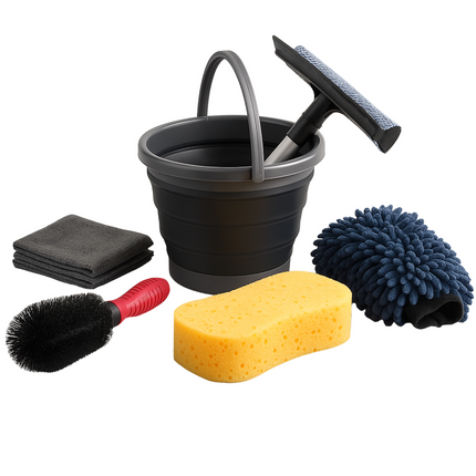 Cheqo® Auto Schoonmaakset 7-Delige Set – Microvezel Doek & Autowashandschoen – Opvouwbare Emmer – Velgenborstel – Raamwisser – Auto Interieur & Exterieur Reiniging – Compact & Lichtgewicht – Zonder Krassen – Auto Poets Set