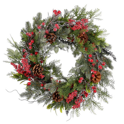 Cheqo® Kerstkrans Ø40 CM - Traditionele Kerstkleuren - Rode Besjes - Bruine Dennenappels - Licht Besneeuwd - Groene Dennennaaldjes - Kerstdecoratie Interieur - Eenvoudig Ophangen - Subtiele Witte Afwerking - Kerstversiering - Deurkrans