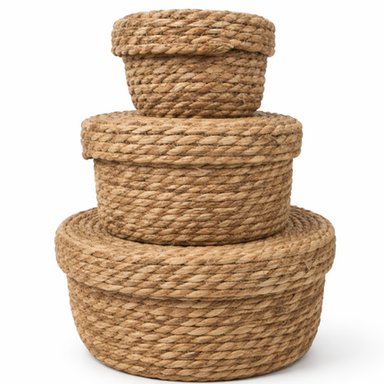 Cheqo® Opbergmand Met Deksel - Mand Met Deksel - Ronde Opbergmand Met Deksel - Opbergmand Set - Set Opbergmanden Met Deksel - Manden Set Met Deksel - Opbergmandjes Met Deksel - Mandjes Met Deksel - Bruine Opbergmand Met Deksel