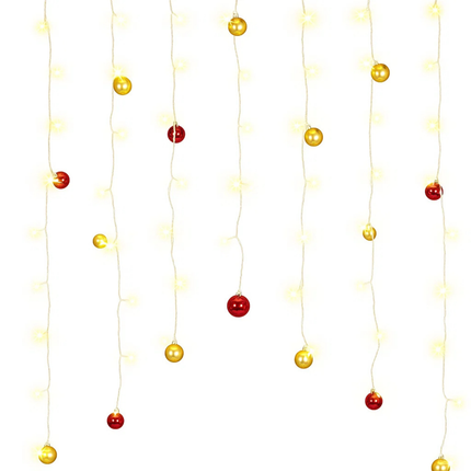 Cheqo® Lichtgordijn Kerstballen - Kerstverlichting Op Batterijen - Warm Wit Licht - 74 LED Lampjes - Automatische Timer - IP-44 - Buiten Geschikt - Kerstdecoratie Binnen - Kerstdecoratie Buiten - Sfeer Verlichting - Lichtnet - Licht Gordijn