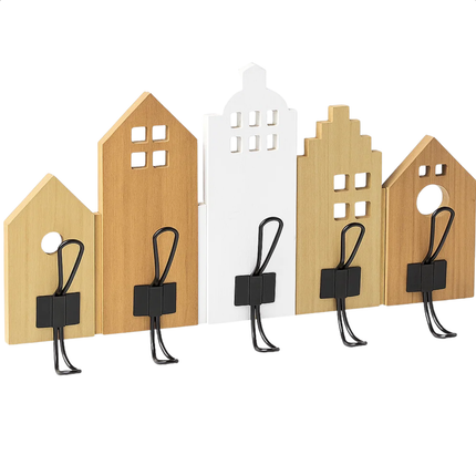 Cheqo® Kapstok Met Huisjes - Wandkapstok - Kapstok Met Haken - Decoratieve Kapstok - Huisjes Design - Kapstok Voor Hal - Kapstok Voor Kinderkamer - Moderne Kapstok - Compacte Kapstok - Jas Ophangen - Garderobe