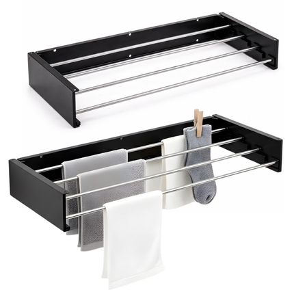 Cheqo® Wanddroogrek - Wanddroogrek Inklapbaar - Droogrek Muur - Muurdroogrek - Wanddroogrek Zwart - Inklapbaar Droogrek - Droogrek Aan Muur - Muur Droogrek Inklapbaar