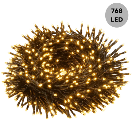 Cheqo® Kerstverlichting - Kerstlampjes - Kerstboomverlichting - Extra Warm Wit - 768 LED - 8 Lichtfuncties - Automatische Timer - Binnen en Buiten - IP44 Adapter - Zwart Snoer - 990 CM Lengte - Geheugenfunctie - Clusterverlichting