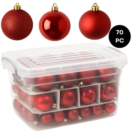 Cheqo® Rode Kerstballen Set - 70 Stuks - Kunststof Kerstballen - Kerstbal Opbergbox - Rood Kerstdecoratie - Mat Glanzend Glitter - Verschillende Uitvoeringen - Met Kerstbal Opbergbox - Opbergdoos - Afsluitbaar Deksel