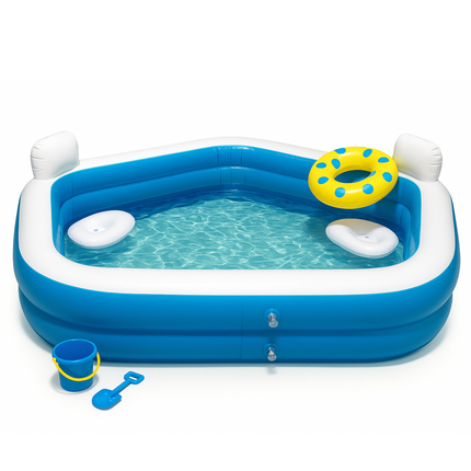 Cheqo® Vijfhoekig Opblaasbaar Familiezwembad - Zwembad - Opblaasbad - PVC - Bad Met Loungestoelen en Bekerhouders