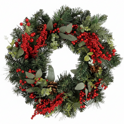 Cheqo® Kerstkrans - Deurkrans - Rode Bessen - Dennenappels - Groene Naaldtakken - Traditionele Kerstdecoratie - Klassieke Uitstraling - Stevige Takken - Polyetheen Materiaal - Kerst Krans - Deurkrans - Herbruikbaar - 50 CM Diameter