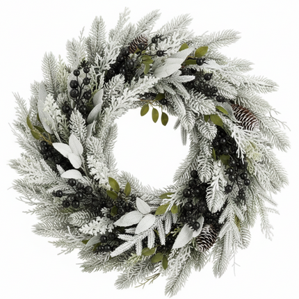 Cheqo® Kerstkrans Met Dennenappels - Winterse Sfeer - Sneeuw Afwerking - Zwarte Besjes - Polyetheen Materiaal - Diameter 50 CM - Deurdecoratie Kerst - Muurdecoratie Kerst - Deurkrans - Kerst Krans