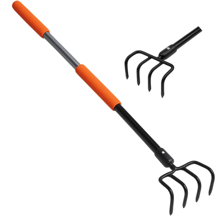 Cheqo® Tuinhark - Glasvezel Steel - Koolstofstaal Kop - 4-Tands Hark - Lichtgewicht Tuinhark - Duurzame Tuinhark - Comfortabele Grip - PVC Handgreep - Tuinieren Gereedschap - Bladeren Opruimen - Tuinafval Verwijderen - Grond Voorbereiden