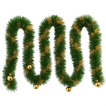 Cheqo® Kerstslinger 270 CM - Guirlande - Kerstdecoratie Groen Goud - Goudkleurige Decoratie - Kerstversiering - Groene Decoratie - Gouden Accenten - Feestelijke Decoratie - Winterdecoratie - Kerst Slinger - Kerstversiering Groen