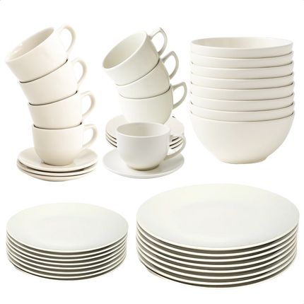 Cheqo® Serviesset 8 Persoons - 40-Delige Serviesset - Witte Serviesset - Aardewerk Servies - Vaatwasserbestendig Servies - Magnetronbestendig Servies - Elegante Tafelsetting - Borden En Kommen - Kopjes Met Schotel - Ronde Borden
