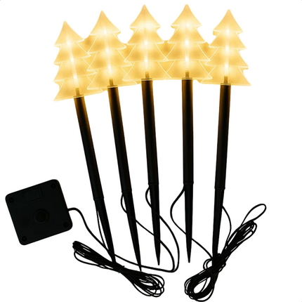 Cheqo® LED Tuinsteker - Kerstboom Tuinsteker - Warm Witte LED Verlichting - Set Van 5 - Met Timer - Acryl Kerstboom - Kunststof Grondpen - Werkt Op Batterijen - Automatische Timer - IP44 Geschikt Voor Buiten - 3xAA Batterijen - Hoogte 37cm