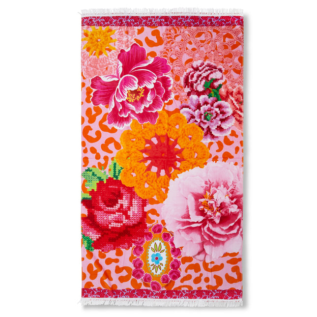 Strandlaken 100x180 cm - Bloemenprint in Roze en Oranje - 100% Katoen - Zomers Design - Voor Strand en Zwembad