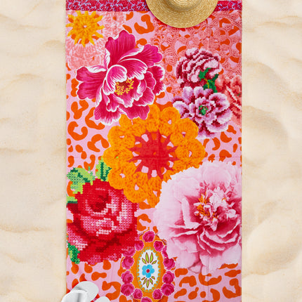 Strandlaken 100x180 cm - Bloemenprint in Roze en Oranje - 100% Katoen - Zomers Design - Voor Strand en Zwembad
