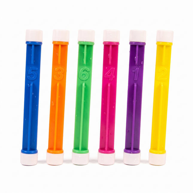 Cheqo® Duikstaven Set van 6 - Duikstaafjes - Duikstokken - Duikspeelgoed - Zwembadspeelgoed - Waterspeelgoed - Duikspeeltjes - Opduik Speelgoed - Onderwater Speelgoed - Duikspel - Duikset - Leren Duiken - voor Zwemles - voor Kinderen - Hoofdafbeelding Amazon-lineup v3