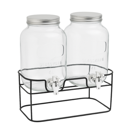 Cheqo® Dubbele Glazen Drankdispenser met Kraantje - Limonadetap - Waterdispenser - Watertap - Drankendispenser - Sapdispenser - 4L - Met Standaard - Ideaal voor Feestjes