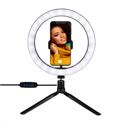 Cheqo® Selfie Ringlamp Set - 25 cm LED Ringlicht met Statief - Selfie Ringlight - Ring Light - Flexibele Telefoonhouder - USB Oplaadbaar - Verstelbaar Statief