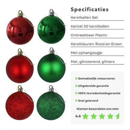 Cheqo® Luxe Kerstballen Set - Onbreekbaar - Rood/Groen - Plastic - Kerstboomversiering - Kerstversiering - Verschillende Formaten & Designs - Kerstboom - Kerstballenset - Kerstdecoratie - 50 Stuks - Met Ophangoog - Mat - Glanzend - Glitters Kerstballen