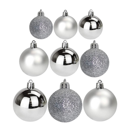 Cheqo® Luxe Kerstballen Set - Kerstballenset - Kerstdecoratie - Kerstboom Versieren - Kerstversiering - Onbreekbaar - Met Ophangoogje - Kerstversiering Kerstboom - Mat - Glans - Glitter - 70 Stuks - Zilver - Verschillende Texturen en Maten