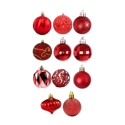 Cheqo® Kerstballen Set 60 Stuks - Rood - Kunststof - Onbreekbaar - Kerstboomversiering - Kerstversiering - Verschillende Formaten & Designs - Kerstboom - Kerstballenset - Kerstdecoratie - Christmas - Met Ophangoog - Mat - Glanzend - Glitters