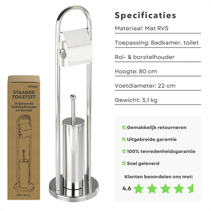 Cheqo® Staande Toiletset - Mat RVS - Vrijstaande Toiletrolhouder en Borstel - 80cm Hoog - Toiletbutler Vrijstaand - Toiletborstel met Houder - WC Rolhouder met Klep