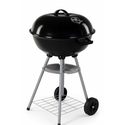 Cheqo® Kogelbarbecue - Ø46 cm - Ronde Metalen BBQ - Voor Houtskool & Briketten - 2 Grote Wielen - Verchroomd Voorraadschap - Kookhoogte 78cm - Opvangplaat - Gewicht 5kg - GS/TÜV Keuring - Barbecue