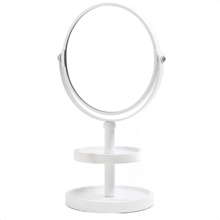 Cheqo® Make-Up Spiegel met Oganizer - Scheer Spiegel - Vergroot Spiegel - Makeup Spiegel met Houder - Wit - Dubbelzijdig - Metaal