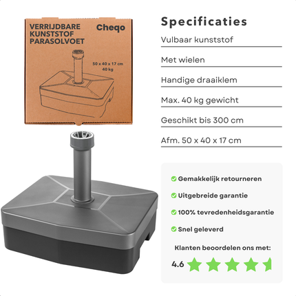 Cheqo® Verrijdbare Kunststof Parasolvoet - Parasolstandaard - Parasol Houder - Parasol Standaard - Vulbaar 40 kg - Met Wielen en Handgreep