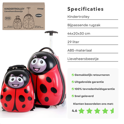 Cheqo® Kinderkoffer en Rugzak Set - Koffer voor Kinderen - Reiskoffer - Trolley met Bijpassende Reiskoffer - Handbagage Vriendelijk - Lieveheersbeestje