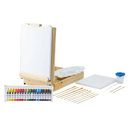 Cheqo® Complete Schildersezel en Schilderkoffer Set - Schilderskist - 36-Delig - Met Schilderbenodigdheden en Canvasdoeken - Voor Kinderen en Volwassenen - Duurzaam Dennenhout - Inclusief Acrijlverf en Penselen