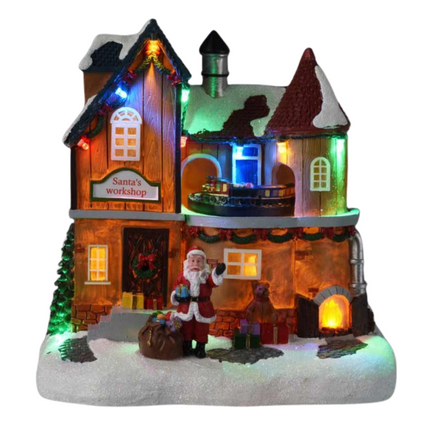 Cheqo® Kersthuisje Polyresin - Kersttafereel - Kerstdorp Huisje - Verlichting & Beweging - LED Trein