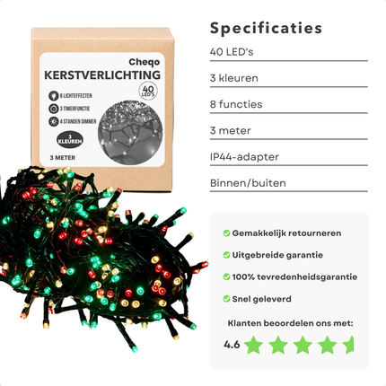 Cheqo® Kerstverlichting - Kerstlampjes - Kerstboomverlichting voor Buiten - 40 LED - 3M - Driekleurig - Timer - IP44