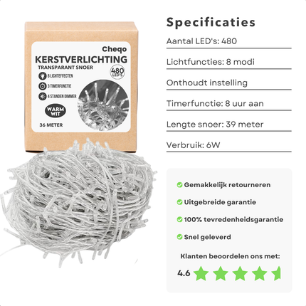 Cheqo® LED Kerstverlichting - Kerstlampjes - Kerstboomverlichting voor Buiten - 480 LED's - 36m Transparant Snoer - Timer & Sfeerverlichting Buiten