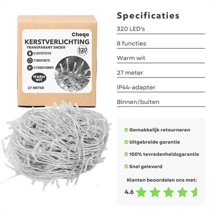 Cheqo® LED Kerstverlichting - Kerstlampjes - Kerstboomverlichting - 320 LED's - Warm Wit - 24m Transparant Snoer - Timerfunctie