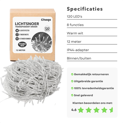 Cheqo® LED Lichtsnoer - Kerstverlichting - Kerstlampjes - Kerstboomverlichting - 120 LED's - Warm Wit - 9m - Transparant Snoer - Timerfunctie
