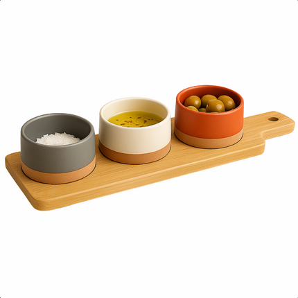 Cheqo® Tapas Serveerset - Serveerplank - Tapas Set op Bamboe Plank - Hapjes Plank - Hapjesplank - Borrelplank - Aardewerk Schaaltjes
