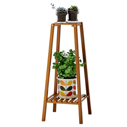 Cheqo® Plantenstandaard Bamboe - Plantenhouder – Plantenrek - 75 cm Hoog - 2 Laags - Donker Gelakt - Inclusief Tuingereedschap