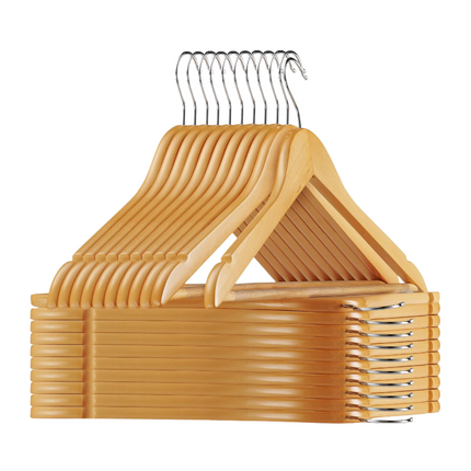 Cheqo® Houten Kledinghangers - Kleerhangers - Set van 24 - Natuurlijke Houttint - Met Broeklat en Inkeping