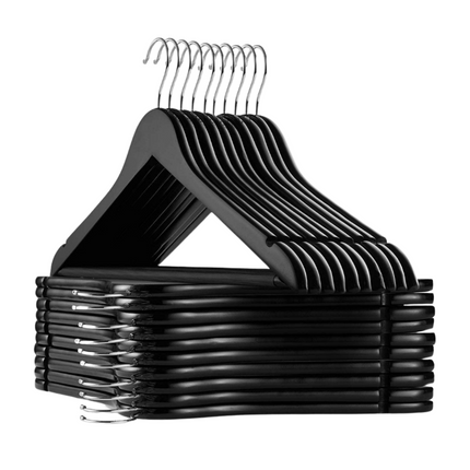 Cheqo® Houten Kledinghangers - Kleerhangers - Set van 24 Stuks - Antislip Broeklat - 360 Graden Draaibare Haak - Zwart