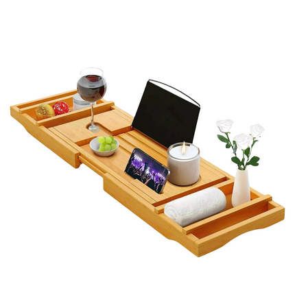 Cheqo® Verstelbare Bamboe Badplank - Met Boekenhouder en Wijnglashouder - Badplank hout - Badplank voor in bad - Verstelbaar en Uitschuifbaar - Badrekje 75-112 cm - Luxe Badaccessoires