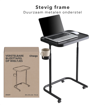 Cheqo® Verstelbare Bijzettafel Op Wieltjes - Banktafel - Koffietafel - Sidetable - Laptoptafel - Laptop Tafel - Bijzet Tafel - Zwart MDF - Kantelbaar