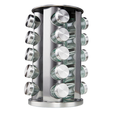 Cheqo® Kruidenrek Draaibaar - Kruiden Organizer - Keukenrek - 20 Potjes - RVS en Glas - 34 cm Hoog