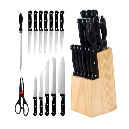 Cheqo® Messenset met Messenblok Hout - Keukenmessen 15-delig - Messen Set - Messen met Blok - Keukengerei Set