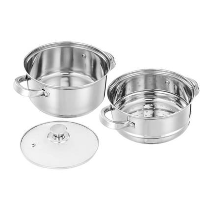 Cheqo® RVS Stoompan - Rijst- en Groentestomer - Handig voor Couscous en Rijst - 3-delig - Inductie - Ø 20 cm - Glazen Deksel