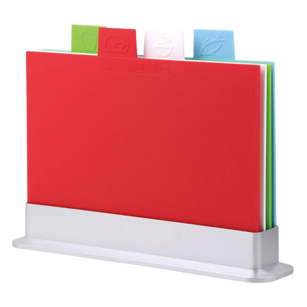 Cheqo® Kunststof Snijplankenset - Anti-Kruisbesmetting - 4-Kleurig - Vaatwasmachinebestendig - Met Houder - Duurzaam - Hygiënisch - Omkeerbaar