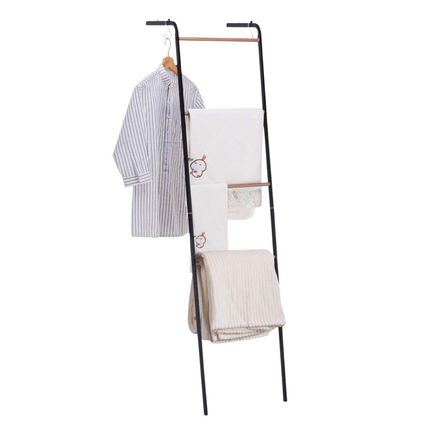 Cheqo® Vrijstaand Handdoekenrek - Decoratieve ladder - Handdoekladder - Wandrek - Kledingrek - Vrijstaand - Zwart Metaal en Hout - 160 cm - Badkamer Ladderrek