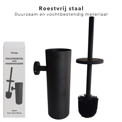 Cheqo® Zwarte Toiletborstel Met Wandhouder -  Wc Borstel - Toilet Borstel Houder - RVS - 35 cm Hoog - Moderne