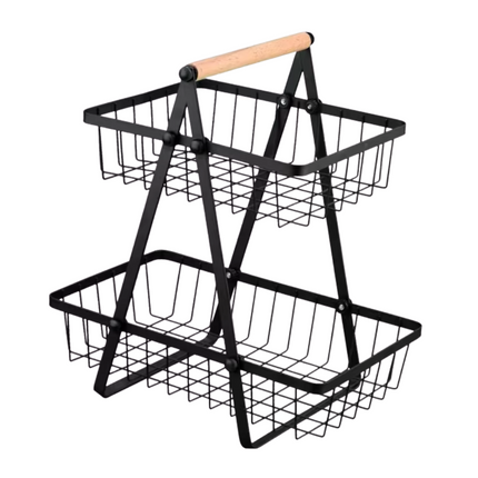 Cheqo® Fruitrek - Zwart Metaal & Hout - 2 Lagen - Moderne Etagere - Fruitmand - Fruitschaal - Keukenorganizer - Aanrecht Organizer - Keuken Bureau Organizers – Aardappelbak - Keukenopslag - 43 cm