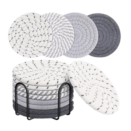 Cheqo® Katoenen Onderzetters met Houder - Set van 8 - Onderzettersset - Onderzetters voor glazen - Absorberend - Met Houder - 11 cm Ronde Grijze Onderzetters