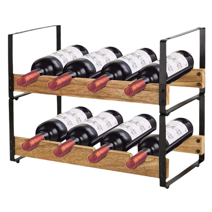 Cheqo® Wijnrek Metaal Hout - Flessenrek - Stapelbaar - Voor 8 Flessen - Paulownia Hout - Wijnflesrek - Wijnflessen Rek